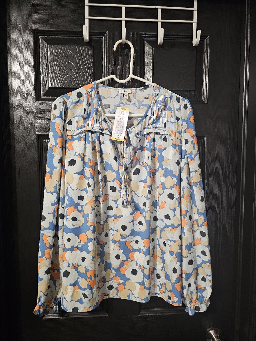 joie Floral Tie-Neck Blouse in Blue and Orange, Peasant Top, Boho
